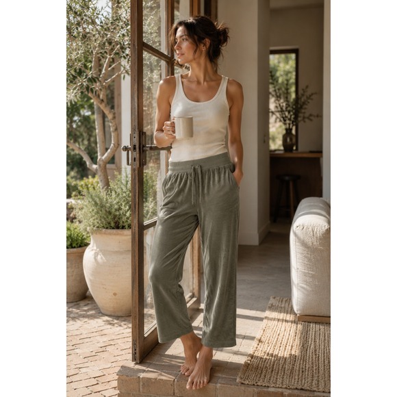Pact Pants - Pact Velour Wide Leg Pants Women L Olive Drawstring Loungewear Relaxed Fit